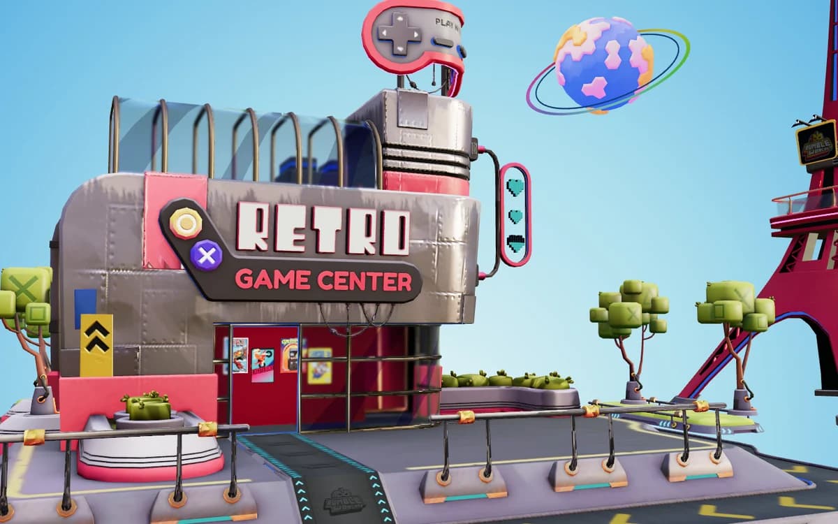 The illustrated retro city and game centre created for Rumble Worlds.